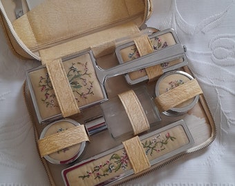 Vintage Vanity Set c1940s Petit Point Womens Grooming Accessories, Ladys Toiletry Grooming Travel Case, Ladies Dressing Table Ensemble