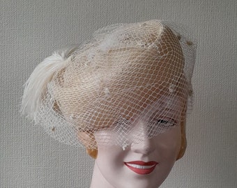 Vintage Cream Hat Birdcage Veil, 1980s Womens Pill Box Hat Ostrich Plume, Vintage Wedding Hats, Chenille Trims