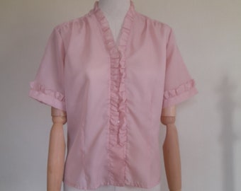 1960er Jahre Pinke Bluse, Echte Vintage Schiere Nylon Kurzarm Bluse, Durchsichtiges Altrosa Oberteil, Einzigartige Leichte Sommerbluse