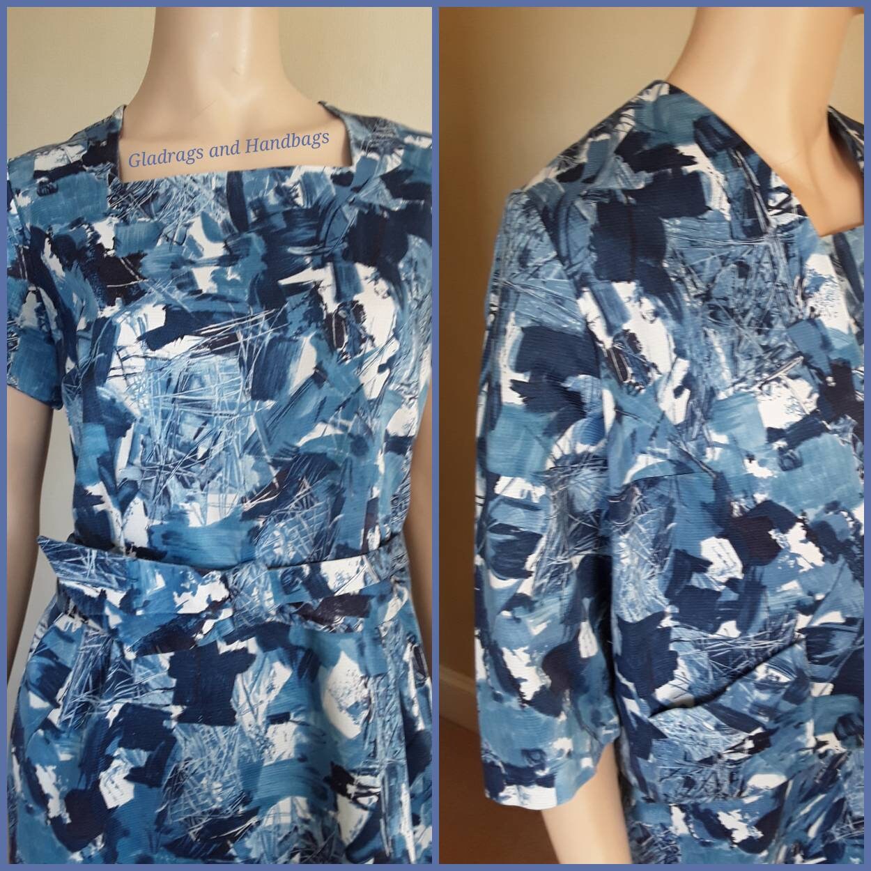 Image of Dress & Jacket Blue & White Abstract Print S Suit Cropped Jacket Short Sleeve Dress Womens Dresses - David Gibson Regent St Bust -