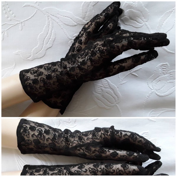 Vintage Gloves 1950s Black Embroidered Net Lace Glove/Longer Length/Shaped Hem - Women's Gloves - Dress Accessories/Goth Wedding Sz 6-6.5