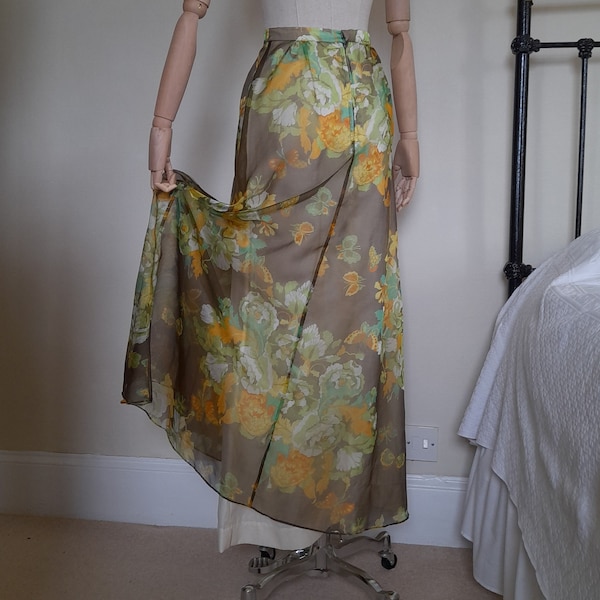 Vintage 1960s Skirt, Colourful Floral Womens Summer Skirt, Sheer Overlay A-line Midi Maxi Long Skirt, Summer Festival, Janet Colton, Sz S