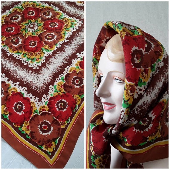 Large Vintage Scarf Womens Square Headscarf Colou… - image 7