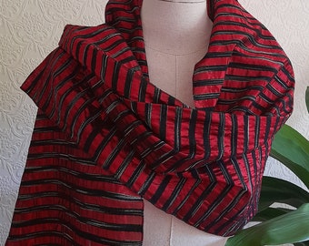 Vintage Striped Scarf, 1980s Vintage Red and Black Wide Shoulder Wrap, Wedding Stole, Womens Evening Accessory, 79x20"