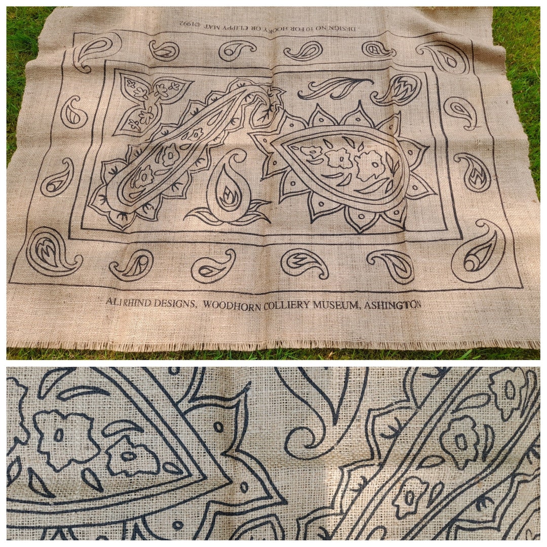 Hessian Rag Rug Pattern Vintage Stamped Design, Clippy Mat Pattern Hookie Stamped Hessian