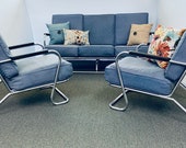 LOVE AMERICA Sale- Antique Mid Century Lloyd Tubular Couch and 2 Chairs Set Deco Chrome