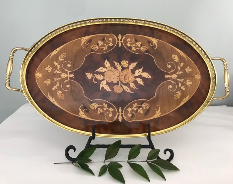 Italian Inlaid Wood Marquetry Serving Tray with Floral Motif Inlaid Tray with Brass Handles and Trim