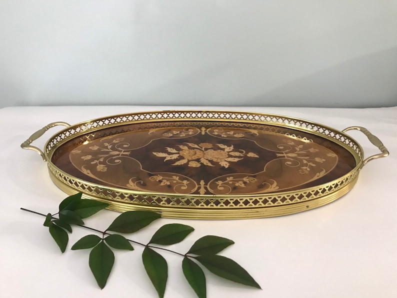 Italian Inlaid Wood Marquetry Serving Tray with Floral Motif Inlaid Tray with Brass Handles and Trim