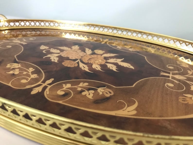 Italian Inlaid Wood Marquetry Serving Tray with Floral Motif Inlaid Tray with Brass Handles and Trim