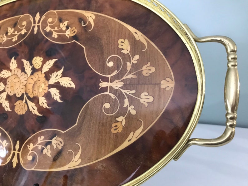 Italian Inlaid Wood Marquetry Serving Tray with Floral Motif Inlaid Tray with Brass Handles and Trim