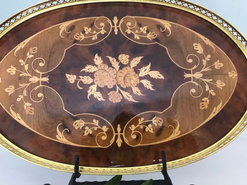 Italian Inlaid Wood Marquetry Serving Tray with Floral Motif Inlaid Tray with Brass Handles and Trim