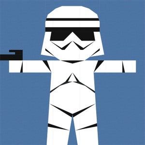 May include: A white and black geometric illustration of a Stormtrooper from Star Wars. The Stormtrooper is holding a black blaster in its right hand.