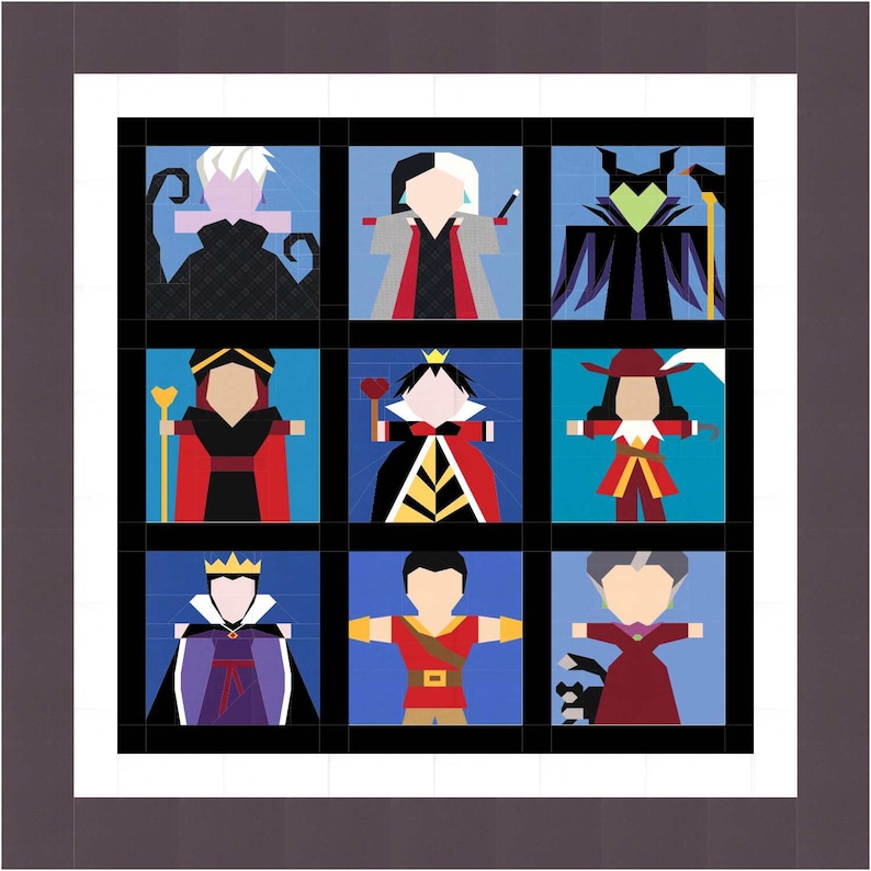 May include: A collage of nine Disney villains, each in their signature colors and costumes. The villains include Maleficent, Cruella de Vil, Ursula, the Evil Queen, the Queen of Hearts, Captain Hook, the Evil Stepmother, Prince John, and Lady Tremaine.