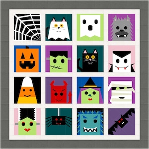 May include: A square Halloween-themed design featuring a grid of colorful, geometric illustrations. The images include a spiderweb, a ghost, a cat, a pumpkin, a Frankenstein monster, a black cat, a vampire, a candy corn, a devil, a witch, a mummy, a spider, a monster, and a bat.