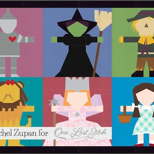 Könnte beinhalten: Eine farbenfrohe Illustration der Figuren aus dem Zauberer von Oz. Die Figuren sind Dorothy, der Vogelscheuche, der Blechmann, der Feige Löwe, die Böse Hexe des Westens und Glinda die Gute Hexe. Die Illustration ist im Patchwork-Stil gehalten, wobei sich jede Figur in einem andersfarbigen Quadrat befindet. Der Text "Oz by Rachel Zupan for One Last Stitch" befindet sich am unteren Rand der Illustration.