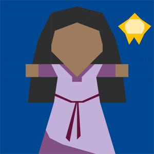 May include: Geometric illustration of a person in a lavender dress with a dark brown face and black hair. The dress has a burgundy belt and accents. A yellow star is in the upper right corner against a blue background.