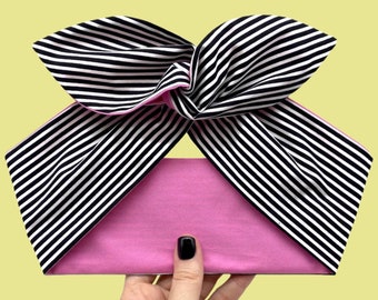 Wired Beetlejuice Black & White Stripe with Candy Pink Head Scarf by Miss Cherry Makewell - Rockabilly Punk Pin Up Style Headband Hair Tie