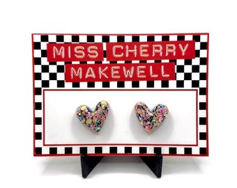 Glitter Resin Heart Stud Earrings - Bright Multicoloured - Hypoallergenic Surgical Steel Posts - Lightweight - Handmade in the UK