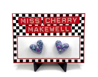 Parma Violets Glitter Heart Earrings - Purple & Lilac Glitter - Handmade Resin Stud Earrings - Hypoallergenic Surgical Steel Posts