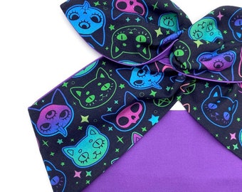 Wired Witchcraft Cats Head Scarf by Miss Cherry Makewell - Purple & Black - Rockabilly Alternative Pin Up Style Headband Hairband