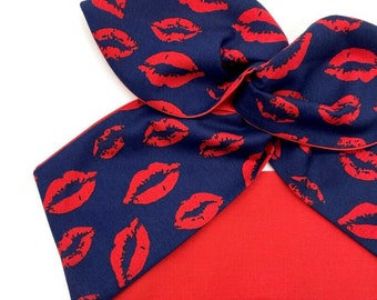 Wired Pucker Up Lipstick Kisses Head Scarf by Miss Cherry Makewell - Navy & Red - Rockabilly Vintage Pin Up Style Headband Hairband Hair Tie