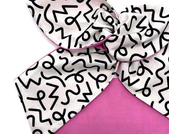 Wired Abstract Squiggly Lines Head Scarf by Miss Cherry Makewell - Black White & Pink - Rockabilly Vintage Pin Up Style Headband Hairband