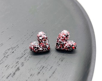 Glitter Resin Heart Stud Earrings - Red Black & White - Hypoallergenic Surgical Steel Posts - Lightweight - Handmade in the UK