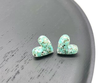 Glitter Resin Heart Stud Earrings - Teal Blue Silver & White - Hypoallergenic Surgical Steel Posts - Lightweight - Handmade in the UK