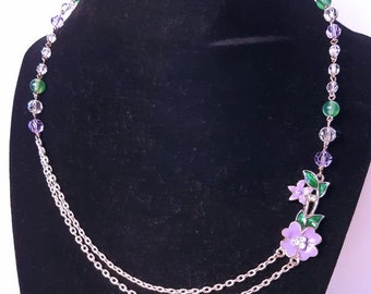 Enamel Flower Asymetrical Necklace. Green Agate gemstone, crystal beading and double chain center. Sweet and stylish!