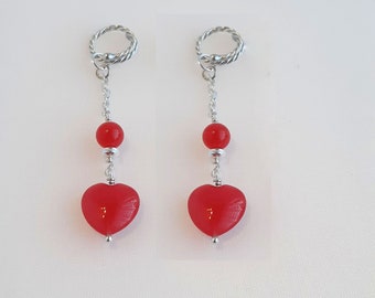 Red Jade Heart & Sterling Silver Nipple Dangles NO Pierce Rings or Clips