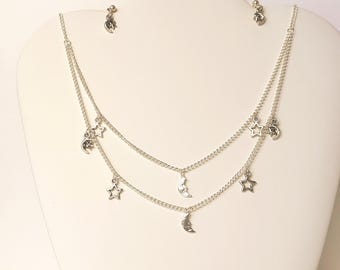 2 Strand silver moon and stars charm necklace earring set