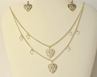 2 Strand silver Hearts charm necklace earring set