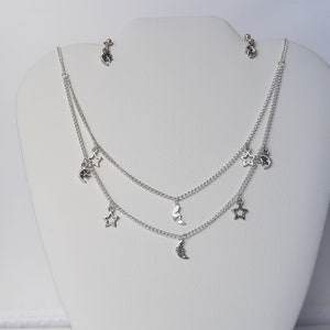 2 Strand silver moon and stars charm necklace earring set