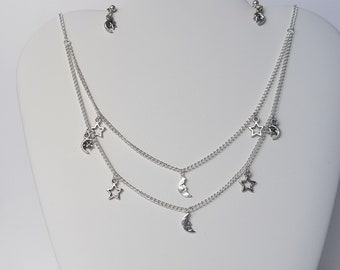 2 Strand silver moon and stars charm necklace earring set