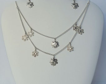 2 Strand silver Flower charms necklace earring set