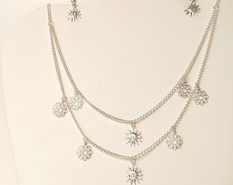 2 Strand silver Sun and Flowers charm necklace earring set