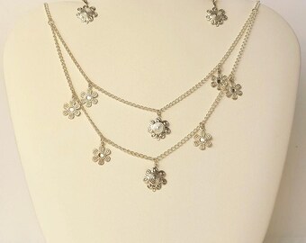 2 Strand silver Flower charms necklace earring set
