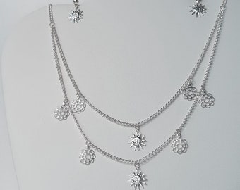 2 Strand silver Sun and Flowers charm necklace earring set