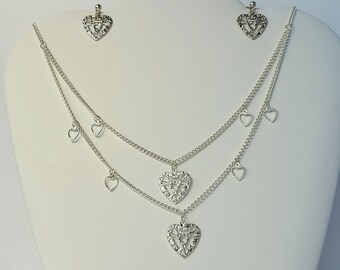 2 Strand silver Hearts charm necklace earring set