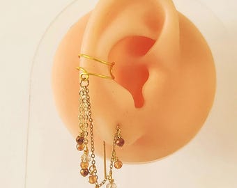No Pierce Gold Plated Ear Cuff with Pierced Dangle accented with crystal drops