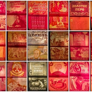 May include: A collection of vintage book covers with titles in a foreign language, featuring illustrations and text in red and sepia tones. The covers depict various scenes and characters, showcasing a range of literary themes.