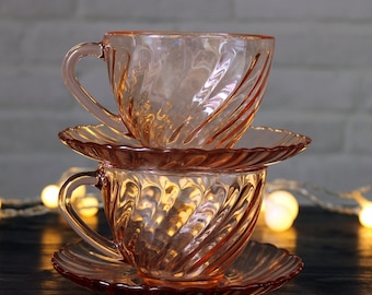 Pink glassware Depression glass Rosaline cup and saucer Arcoroc Frances swirl glass cup French provincial pink glass teacup