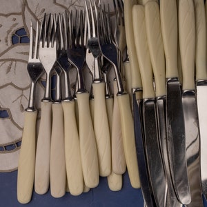 Bakelite cutlery set  for 6 / 12 persons Knives and forks with white bakelite handles Vintage flatware set Antique silverware set
