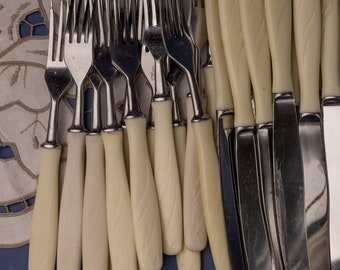 Vintage Bakelite Cutlery Set of 12 / 24, White Handle forks and knives flatware, 1960s Dinnerware