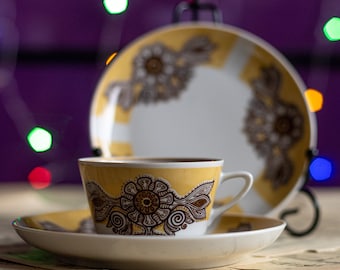 Vintage Riga Porcelain Espresso Cup & Dessert Plates: Ethnic Floral Ornament