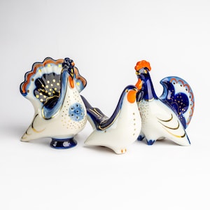 LFZ Lomonosov figurine Cobalt blue turkey rooster bird salt and pepper shakers Collectible spice set Unique wedding gift