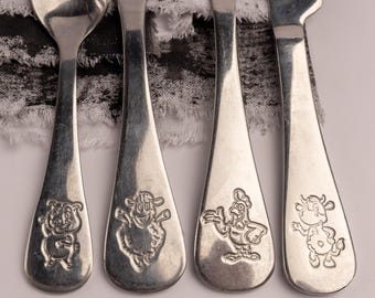 Vintage Kids Cutlery Set: Farm Animal Stainless Steel Flatware, 1980s