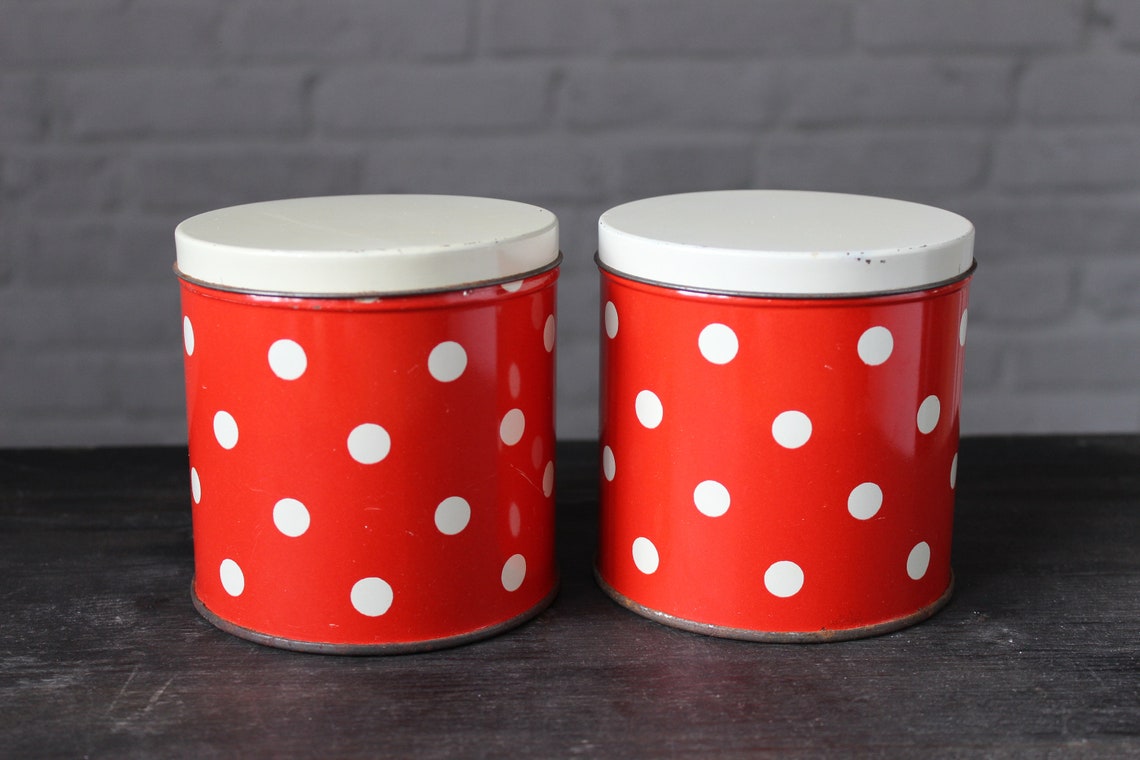 Red white polka dot kitchen canister set vintage Metal storage Etsy