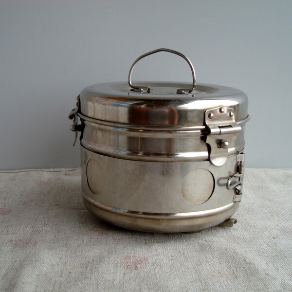 ON SALE Vintage 1970s medical tin container,  stainless steel sterilizer, metal box, industrial case Soviet Union russian medicine