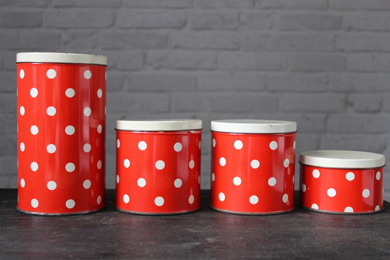 Red white polka dot kitchen canister set vintage Metal storage Etsy